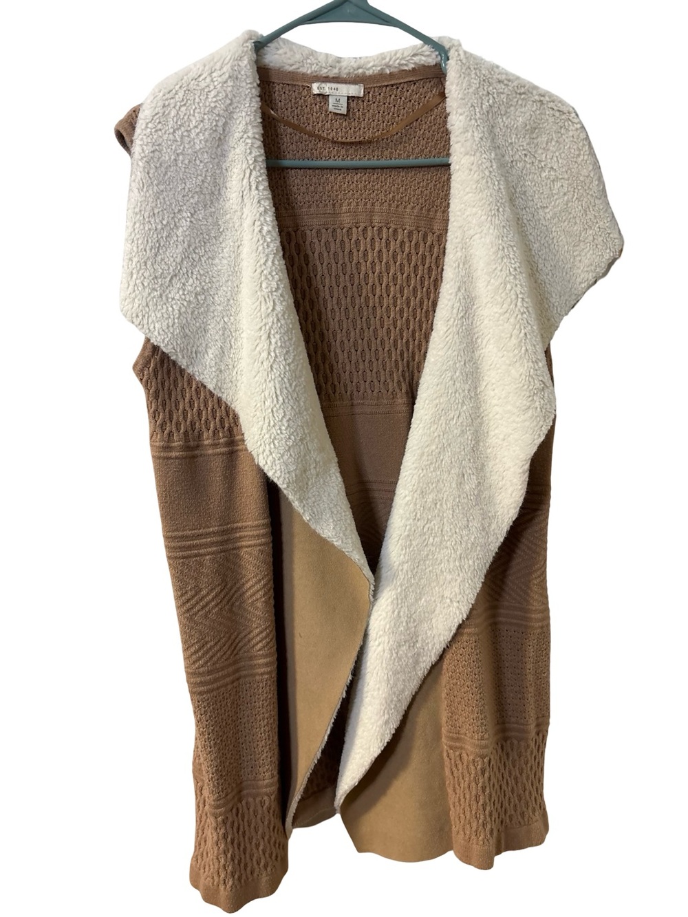 Sleeveless Brown Knit Cabin-core Western Vest Faux-Sherpa Collar Size Medium - Picture 5 of 8
